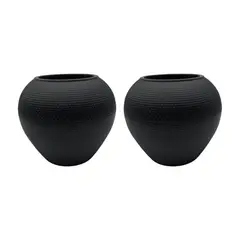 GENERICO - Set 2 Maceteros Plastico Redondo Ovalado Moderno Textura L - Negro