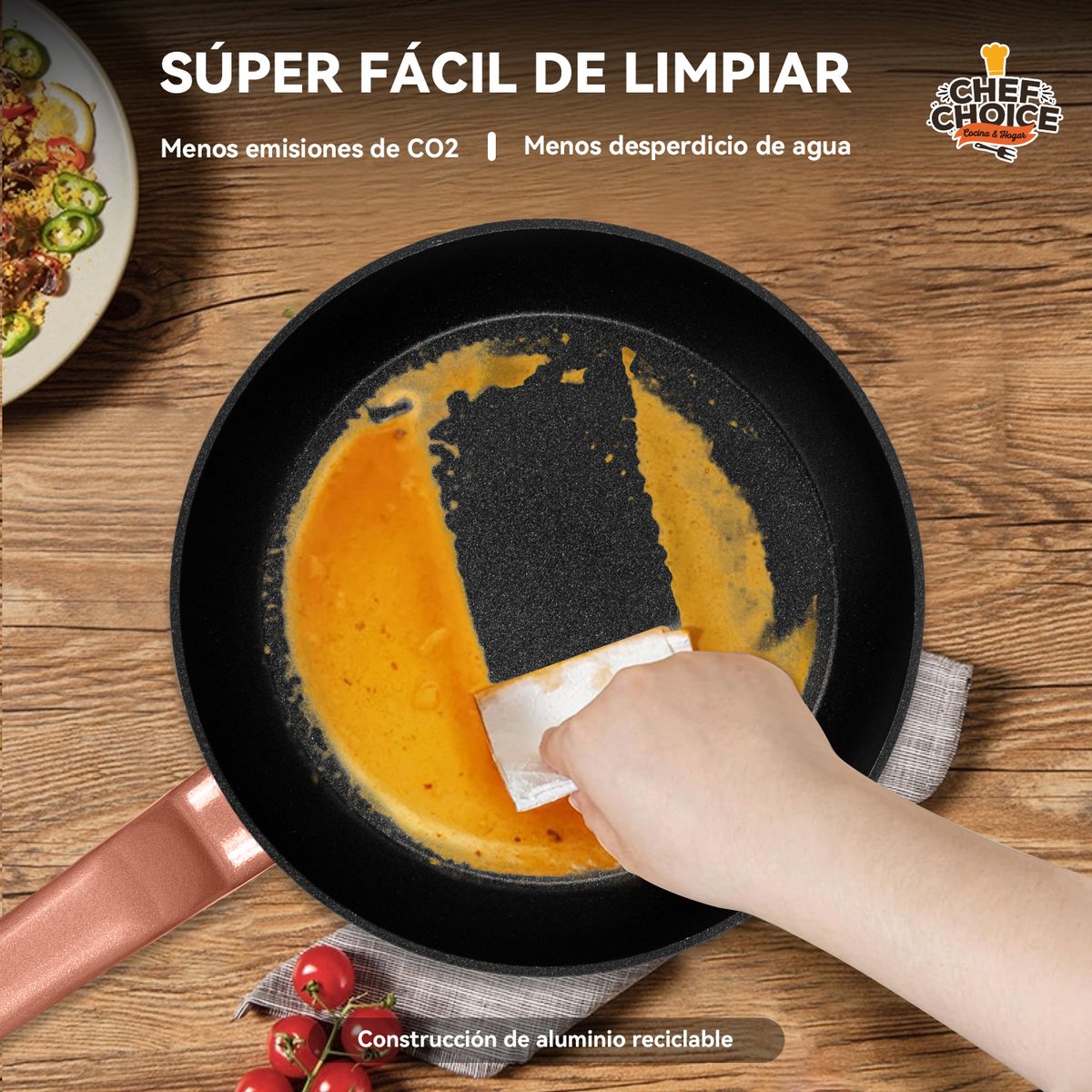 CHEFCHOICE - Set 3 Sartenes Antiadherentes 20/24/26cm Ceramica Oro Rosa