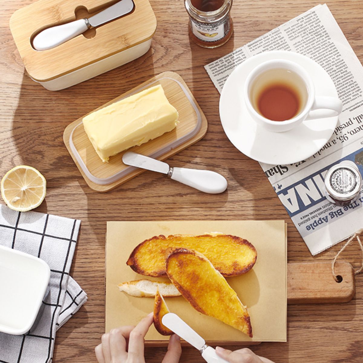 BITART - Mantequillero Cerámica Tapa Bamboo + Cuchillo 600 ml