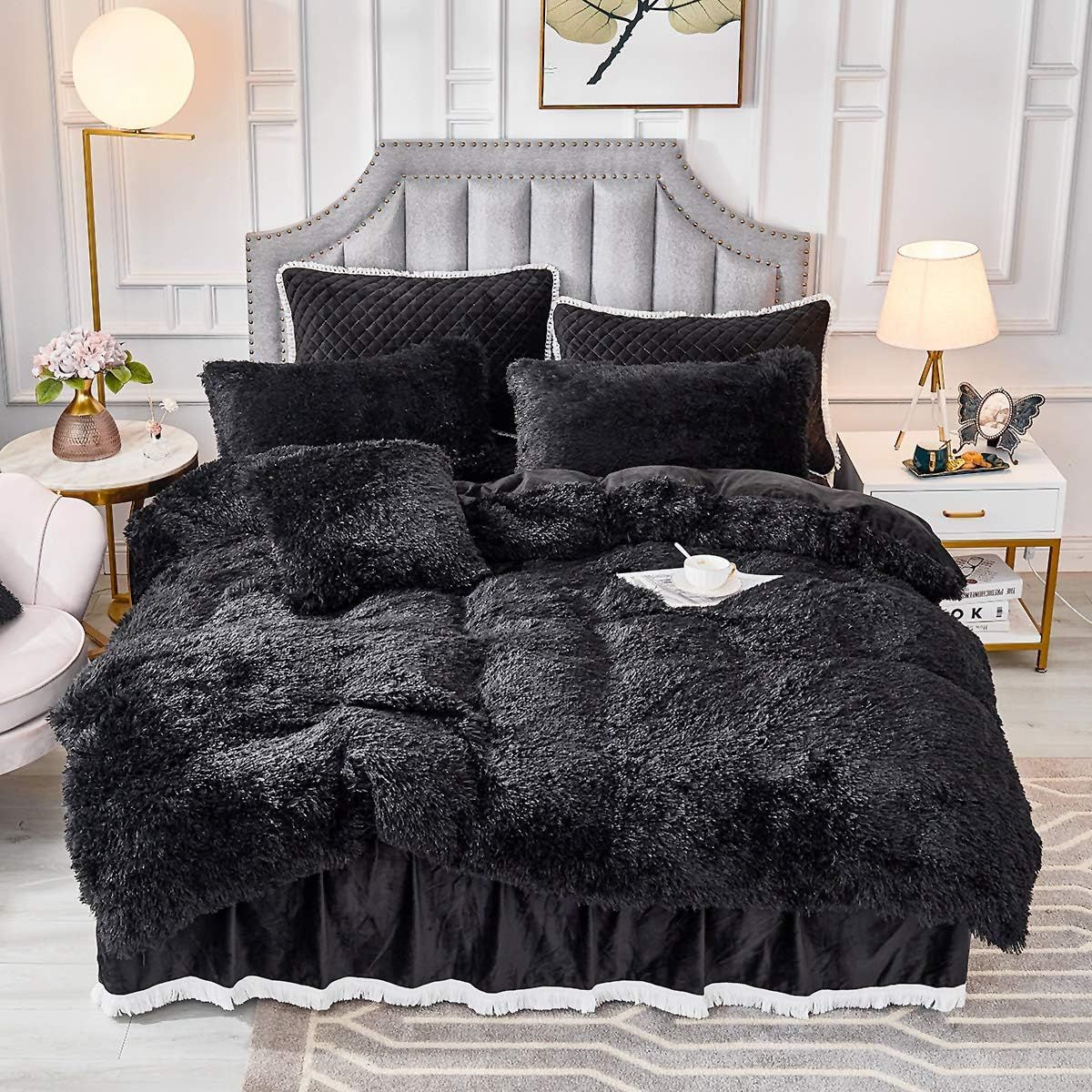 GENERICO - COBERTOR PELUDO CON CHIPORRO NEGRO 2 PLAZAS +2 FUNDAS DE ALMOHADA