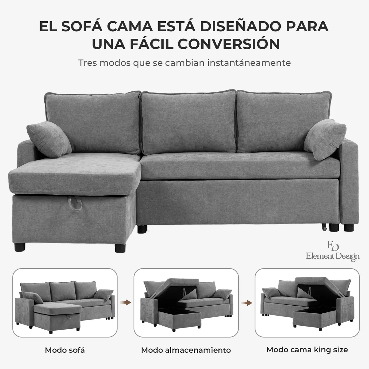 ELEMENT DESIGN - Sofá Cama Leticia Seccionals con Almacenamiento Oculto -  Gris