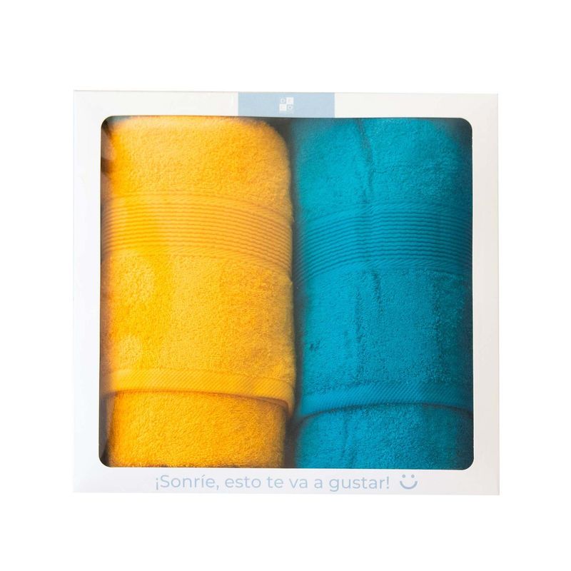 DECO EXPRESS - Box de 2 Toallas de baño550gr 70x140 cm Turquesa y Amarillo