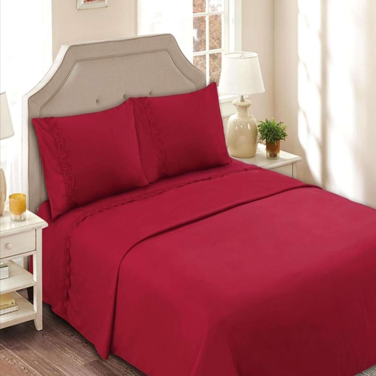 GENERICO - JUEGO DE SABANAS PLAZA Y MEDIA ROJO 144 HILOS