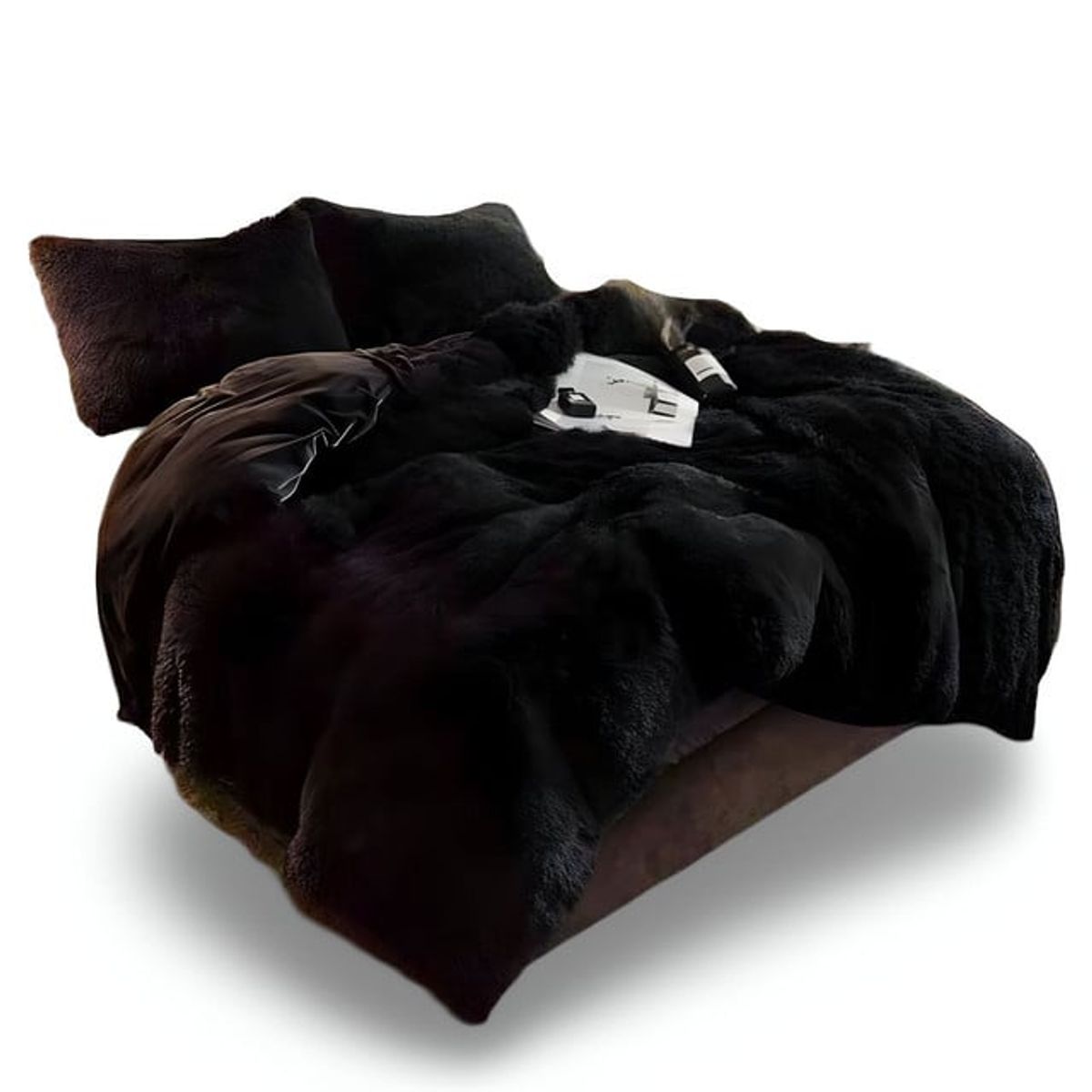GENERICO - COBERTOR PELUDO CHIPORRO NEGRO 2 PLAZAS +2 FUNDAS DE ALMOHADA