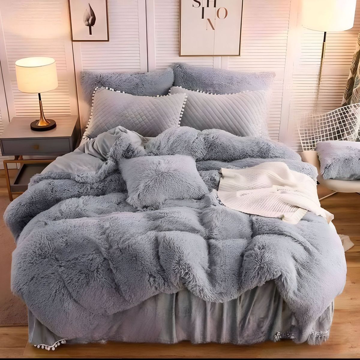 GENERICO - COBERTOR PELUDO CHIPORRO GRIS 2 PLAZAS +2 FUNDAS DE ALMOHADA