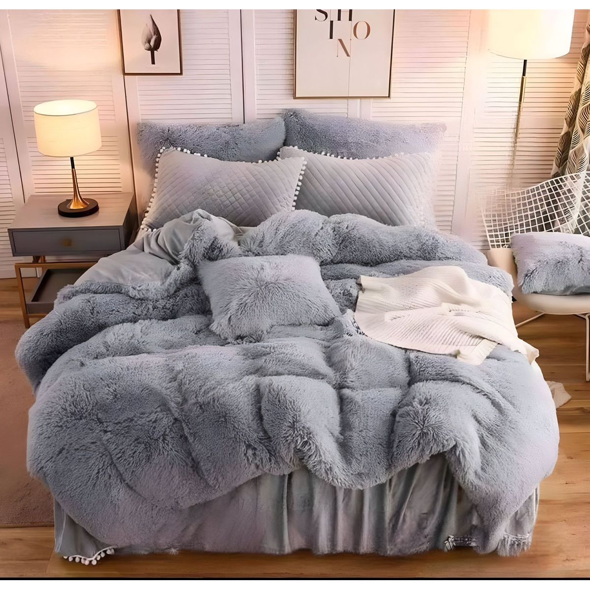 GENERICO - COBERTOR PELUDO CHIPORRO GRIS 2 PLAZAS +2 FUNDAS DE ALMOHADA