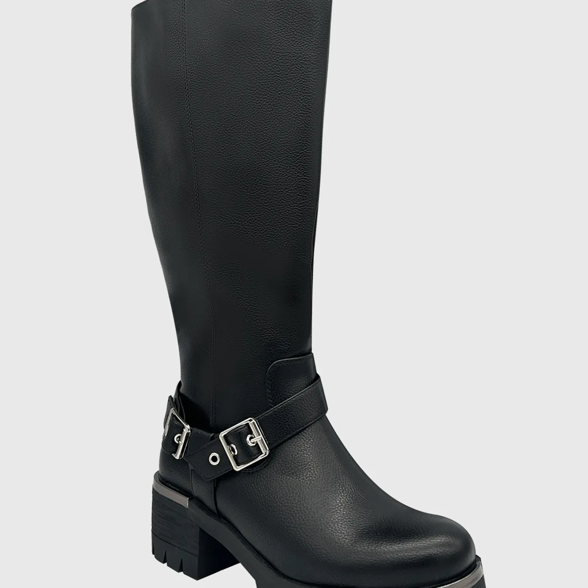 DINASTELLA - Bota para mujer, Negra bajo la rodilla correa con hebilla Danicolle