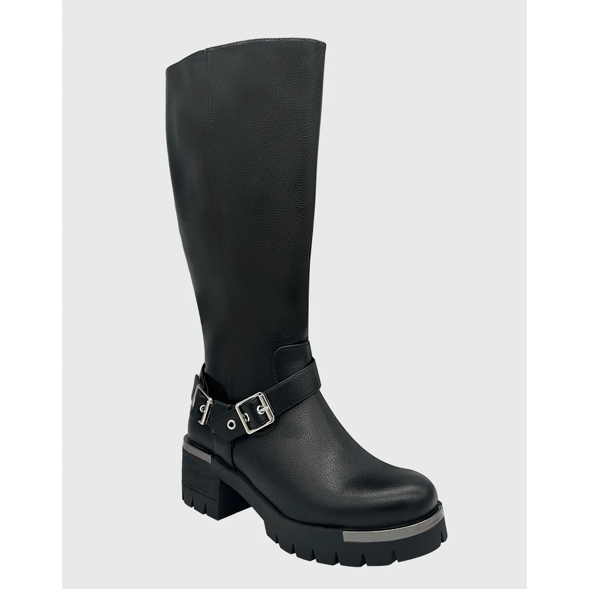 DINASTELLA - Bota para mujer, Negra bajo la rodilla correa con hebilla Danicolle