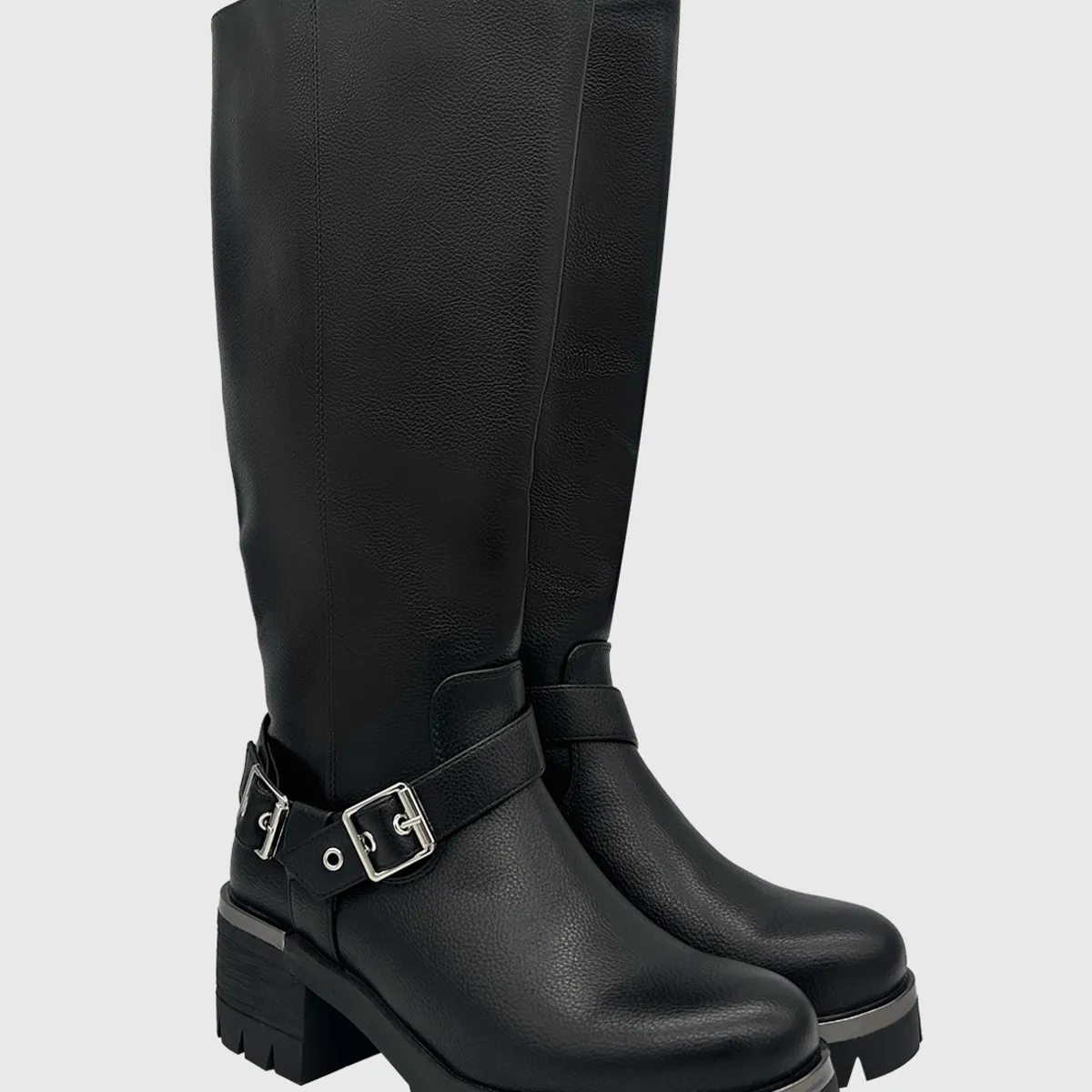 DINASTELLA - Bota para mujer, Negra bajo la rodilla correa con hebilla Danicolle