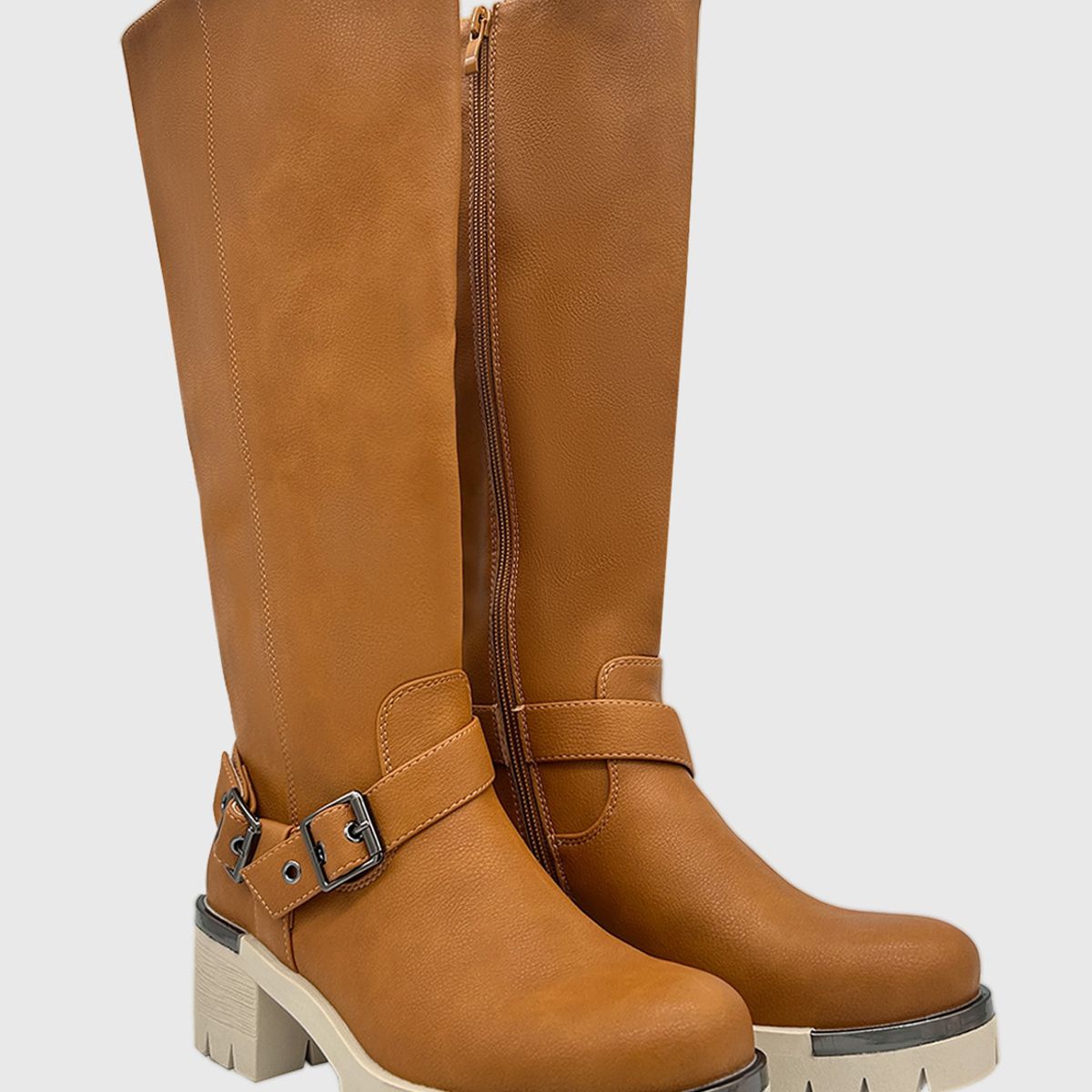 DINASTELLA - Bota para mujer Cafe bajo la rodilla correa con hebilla Danicolle