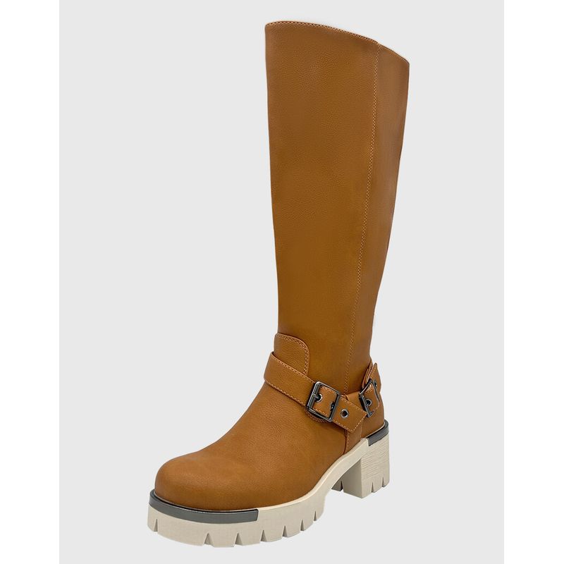 DINASTELLA - Bota para mujer Cafe bajo la rodilla correa con hebilla Danicolle