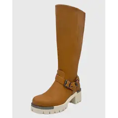 DINASTELLA - Bota para mujer Cafe bajo la rodilla correa con hebilla Danicolle