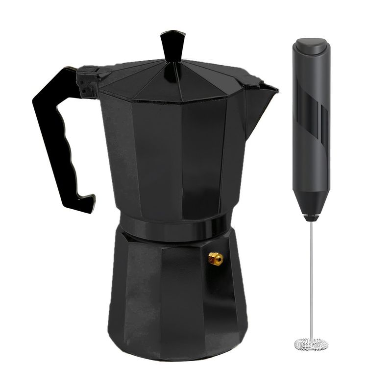 GENERICO - Pack Cafetera Italiana Greca 6 Tazas + Mini Batidor De Cafe