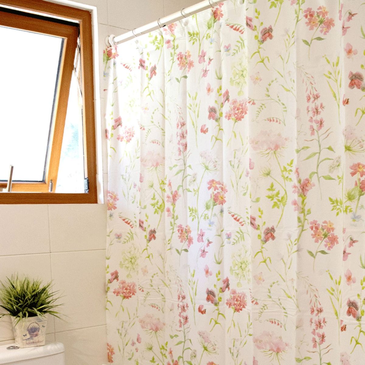 DECO EXPRESS - Cortina de baño 180x180 impermeable + 12 ganchos y Piso de baño Arcoiris