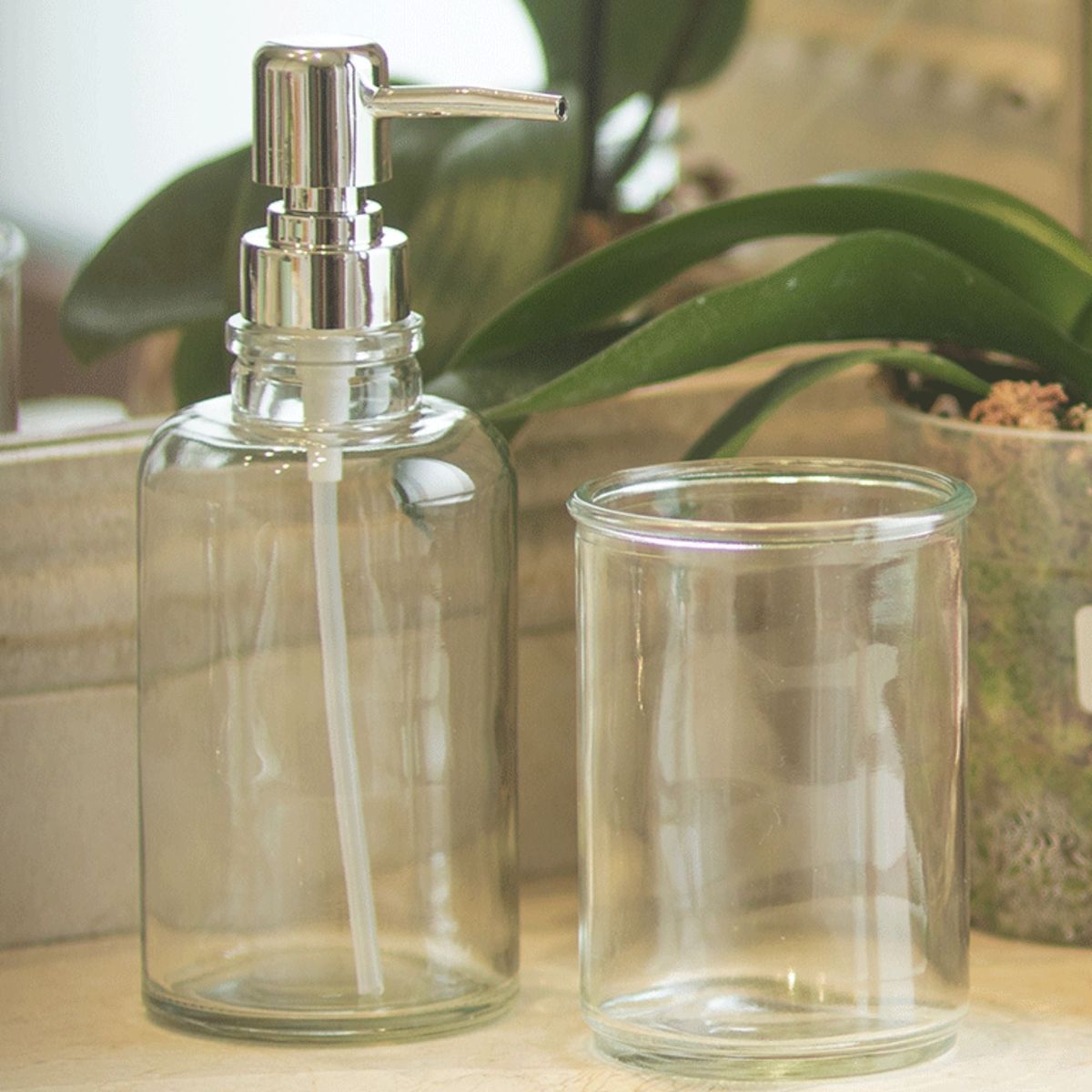 DECO EXPRESS - Set 2 accesorios de baño Dispensador de jabón y Vaso Vidrio Clear