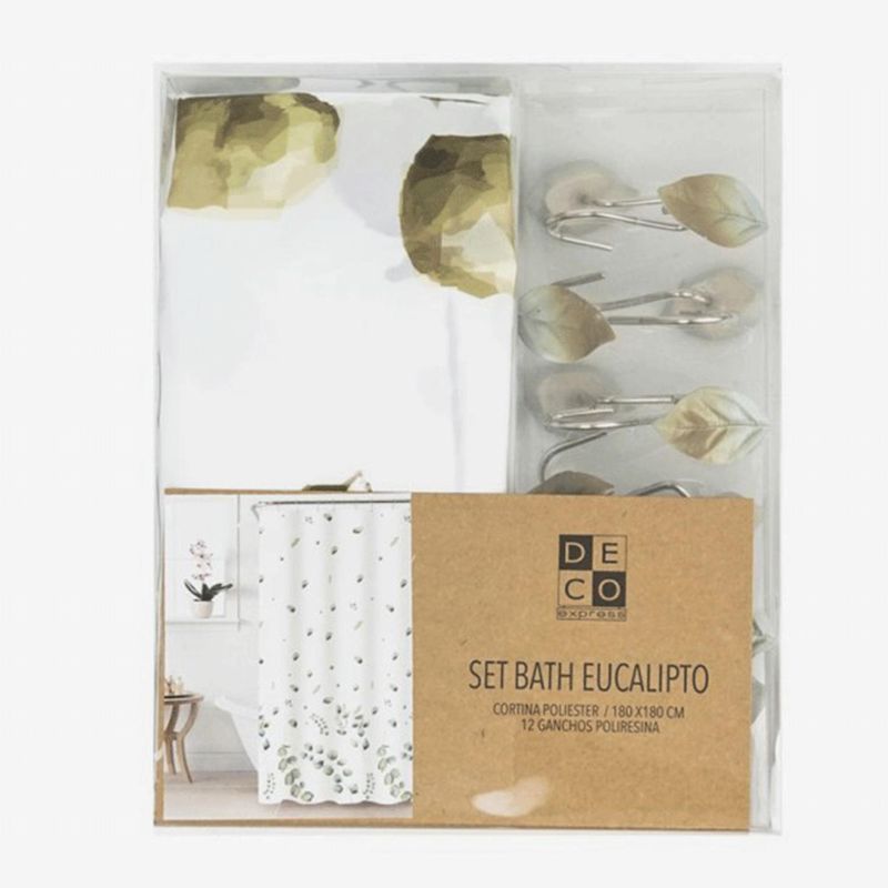 DECO EXPRESS - Cortina de baño 180x180 impermeable + 12 ganchos Eucalipto