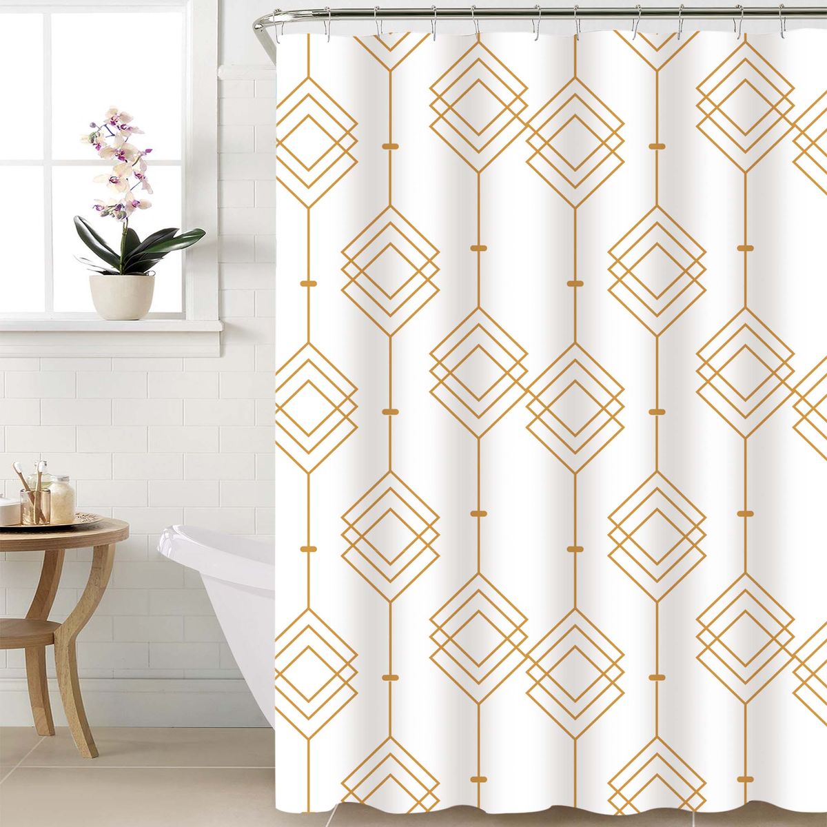 DECO EXPRESS - Cortina de baño 180x180 impermeable + 12 ganchos Geometrica Dorada