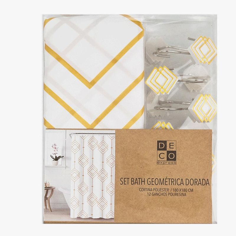 DECO EXPRESS - Cortina de baño 180x180 impermeable + 12 ganchos Geometrica Dorada
