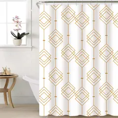 DECO EXPRESS - Cortina de baño 180x180 impermeable + 12 ganchos Geometrica Dorada