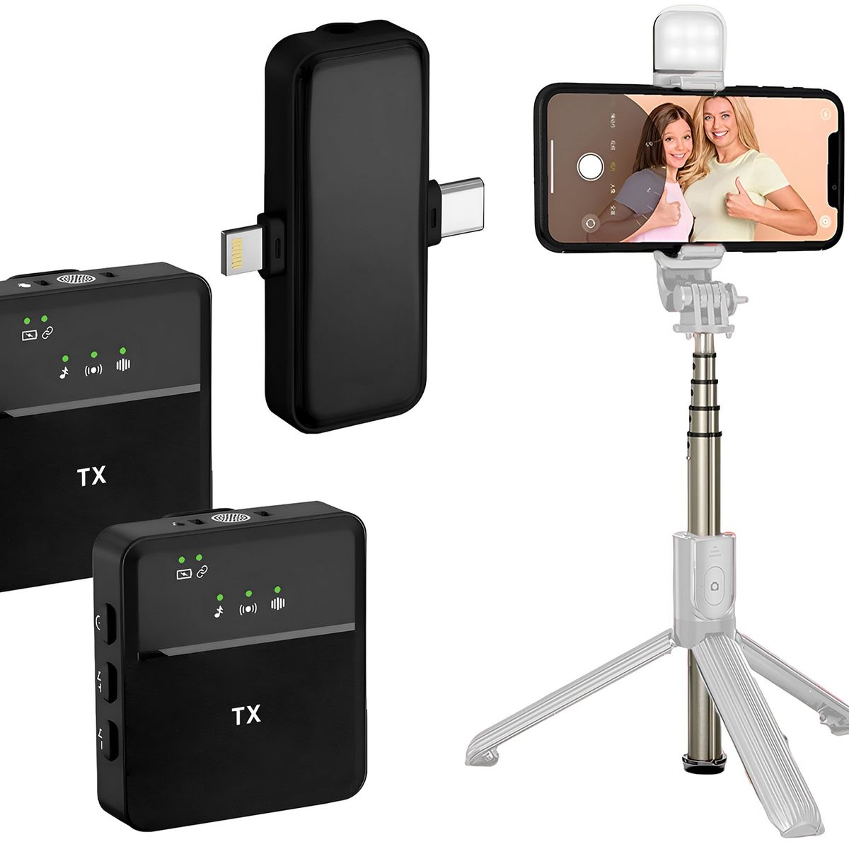 GENERICO - Pack Tripode Palo Selfie Microfono Inalambrico iPhone Usb C