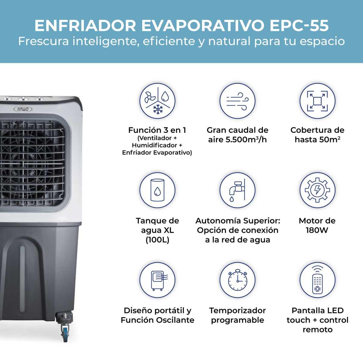 ANWO - Enfriador de Aire Portátil Evaporativo Comercial Anwo 5.500 m3/h EPC55