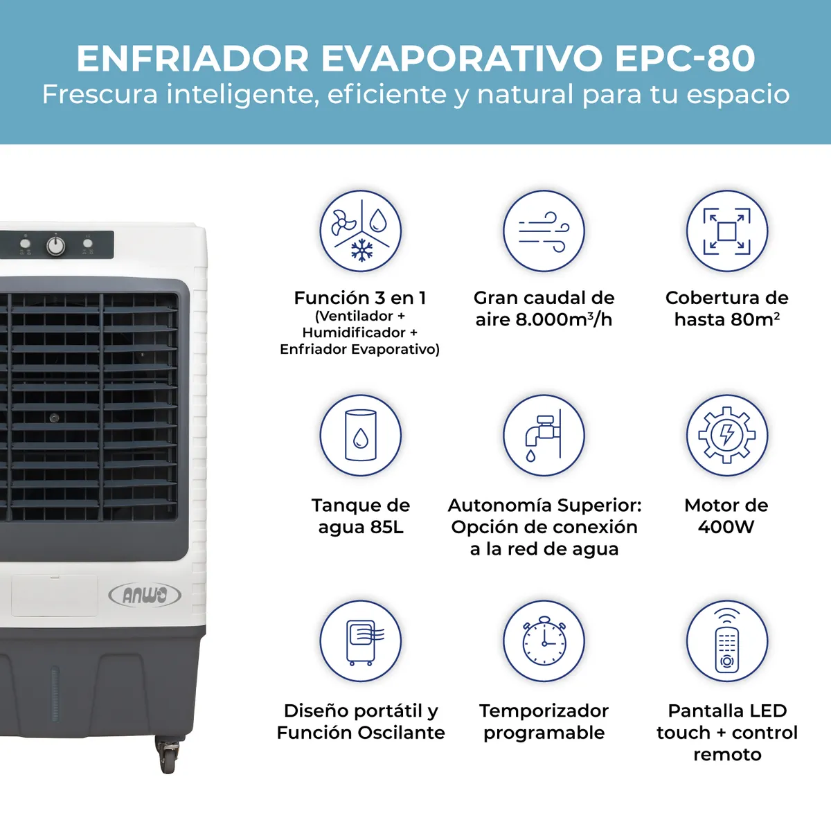 ANWO - Enfriador de Aire Portátil Evaporativo Comercial Anwo 8.000 m3/h EPC80