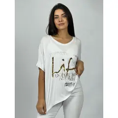 ENIGMATICA BOUTIQUE - Polera Letras LIFE Lentejuelas - Blanco - Único_.