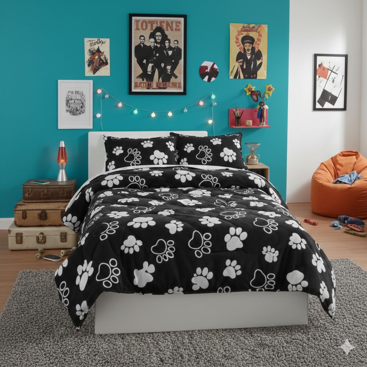 GENERICO - COBERTOR PLUSH CON CHIPORRO DISEÑO NEGRO PATITAS  2 PLAZAS + 2 FUNDAS DE ALMOHADA
