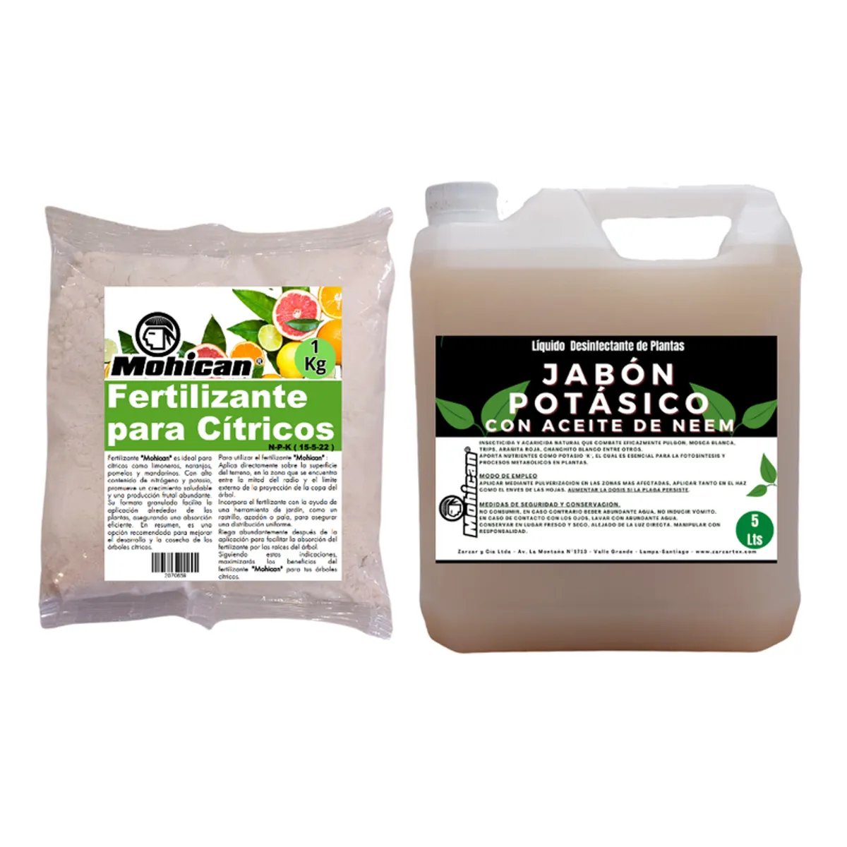 MOHICAN - PROMO JABÓN POTÁSICO ACEITE NEEM 5 LTS + FERTI CÍTRICOS 1KG