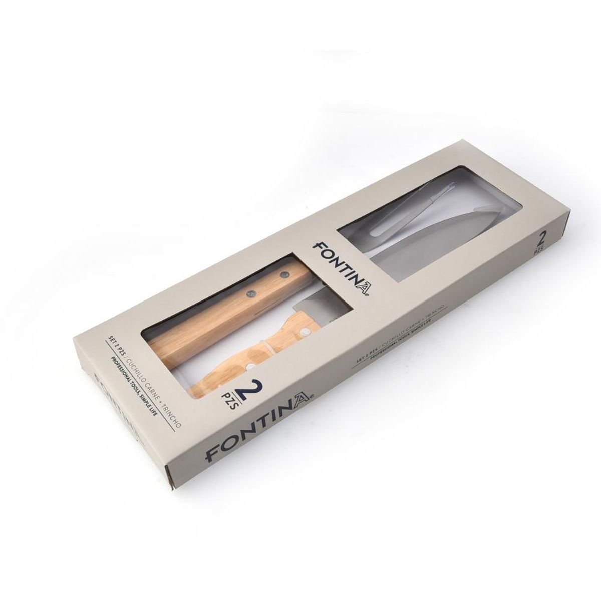 FONTINA - Set Parrillero 2 Piezas Acero Inoxidable Cuchillo + Trincho