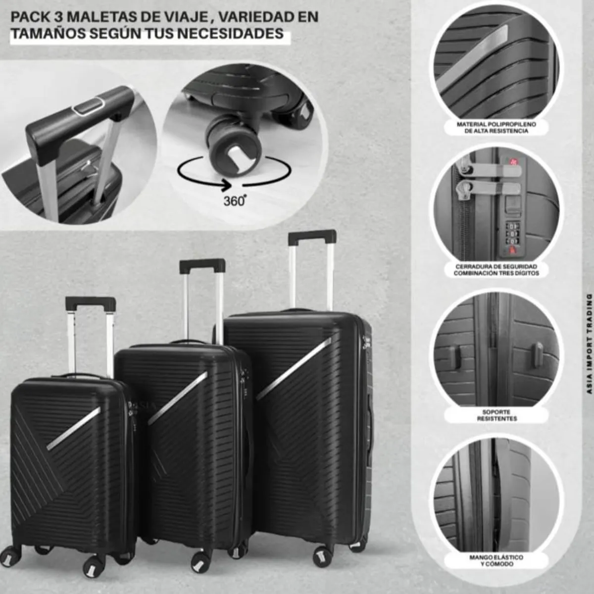 GENERICO - Set 3 Maletas Rigidas Ruedas 360 Negra Ultra Resistente Elegantes