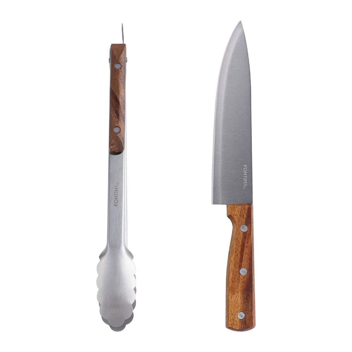 FONTINA - Set Parrillero 2 Piezas Acero Inoxidable Cuchillo + Tenazas