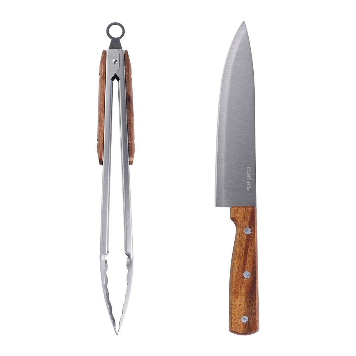 FONTINA - Set Parrillero 2 Piezas Acero Inoxidable Cuchillo + Tenazas
