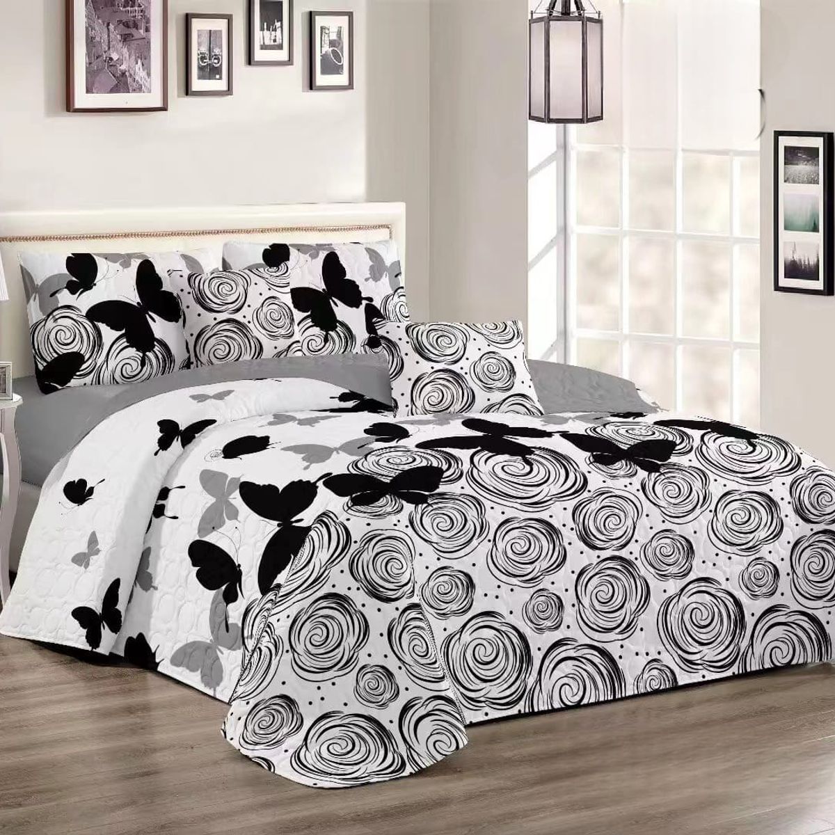 GENERICO - Quilt de Verano King Color Gris con Mariposas  TFCC529