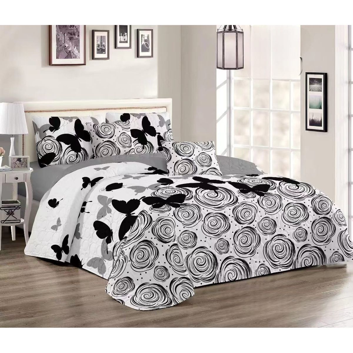 GENERICO - Quilt de Verano King Color Gris con Mariposas  TFCC529
