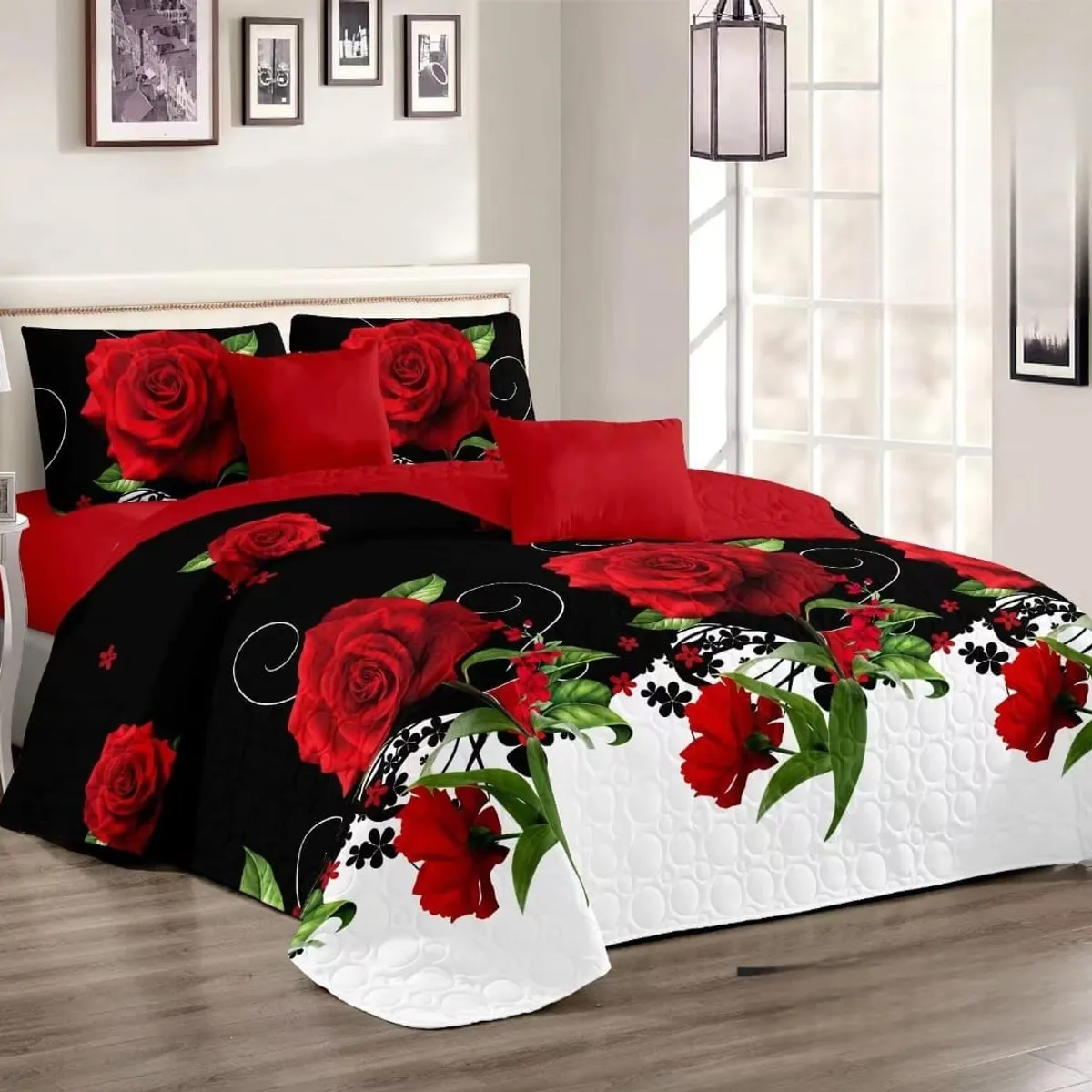 GENERICO - Quilt de Verano King Color Negro con Flores TFCC501