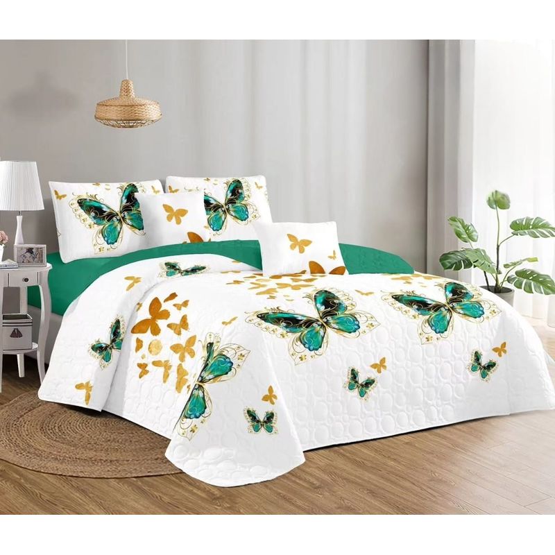 GENERICO - Quilt de Verano King Color Blanco con Mariposas Verdes TFCC004