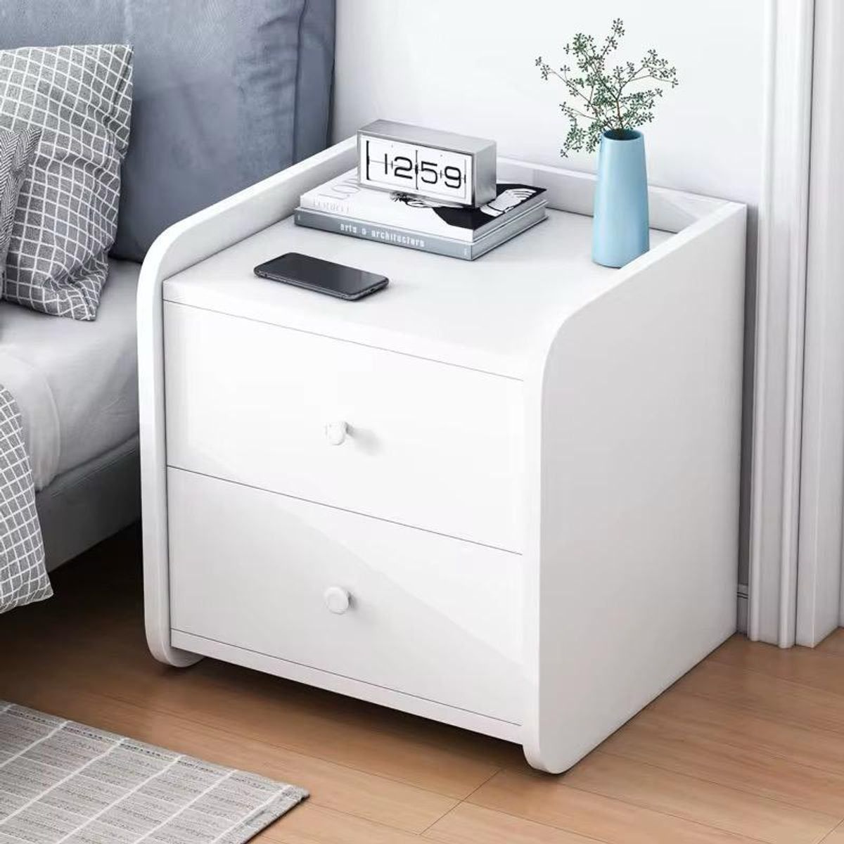 ACTUAL - Velador Mesa de Noche 2 Cajones Diseño Moderno 33x30x40 Blanco