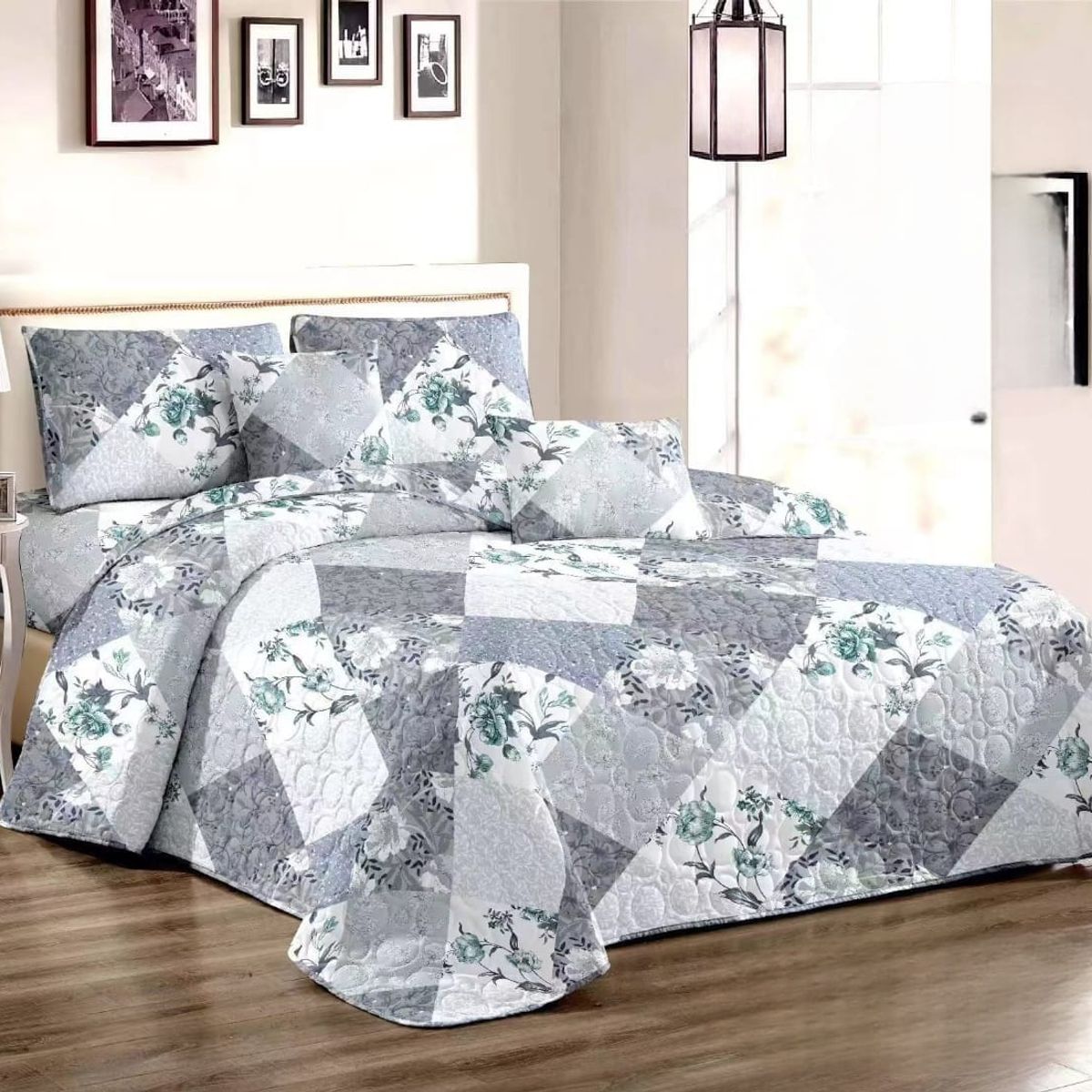 GENERICO - Quilt de Verano 2 plazas Color Gris Floral TFCC520