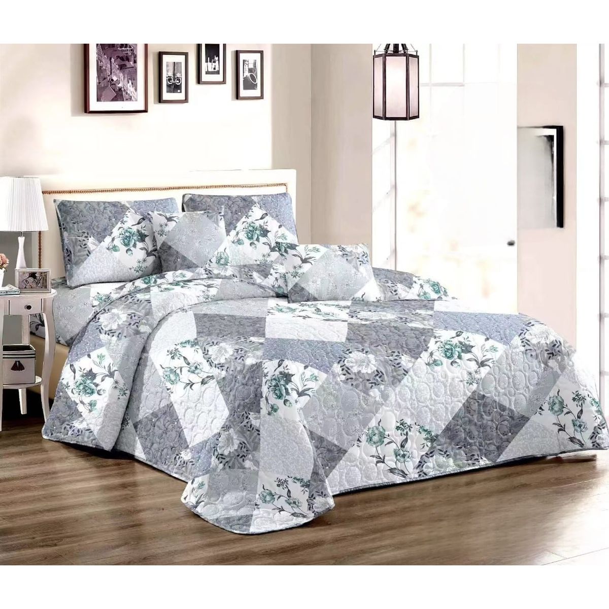GENERICO - Quilt de Verano 2 plazas Color Gris Floral TFCC520