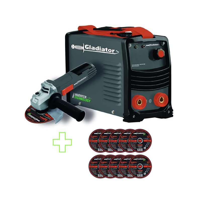 GLADIATOR - Soldadora Arco Manual 200amp + Esmeril 4 1/2 + 10 Discos Gladiator