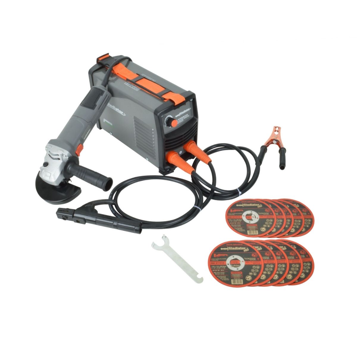 GLADIATOR - Soldadora Arco Manual 200amp + Esmeril 4 1/2 + 10 Discos Gladiator