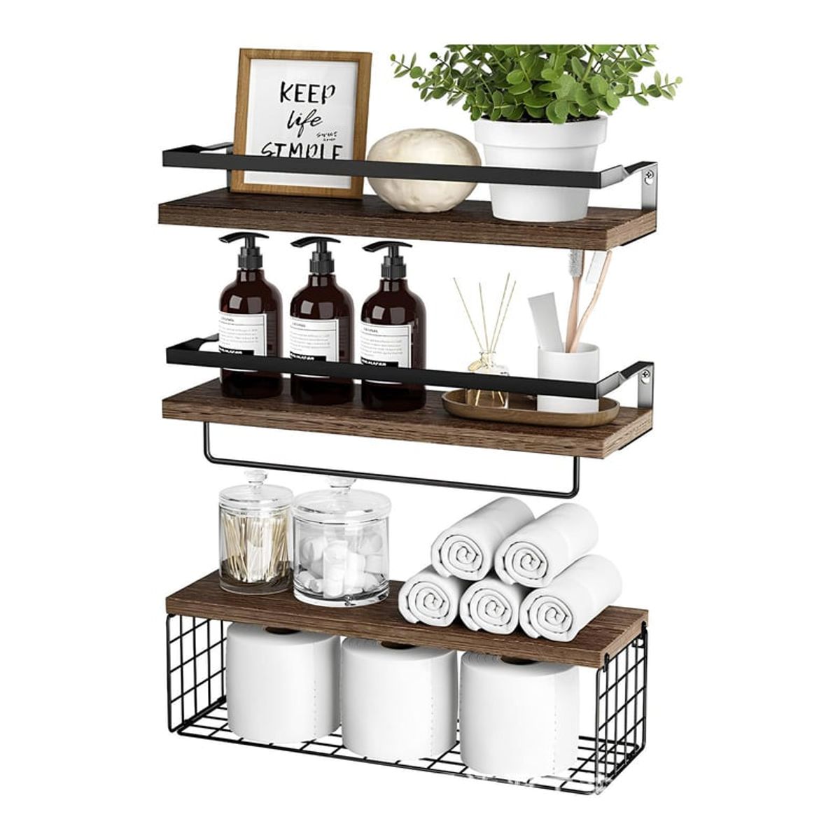 BITART - Repisas Flotantes De Madera Multipropósito 3 Niveles Color Marrón