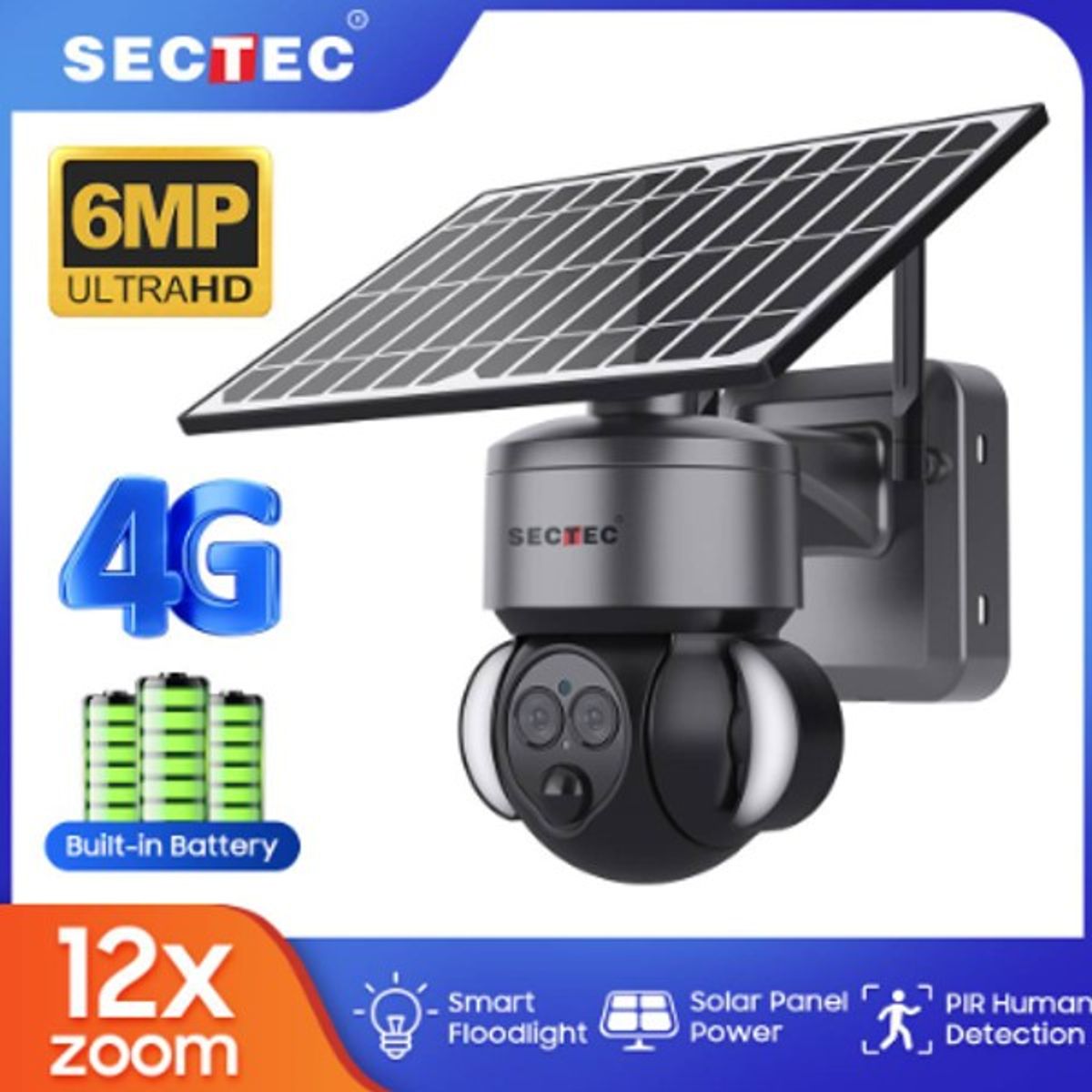 AM TECNOLOGY - Cámara De Seguridad Ptz Inalámbrica Solar 4G 6 Mp Exterior Zoom 12x