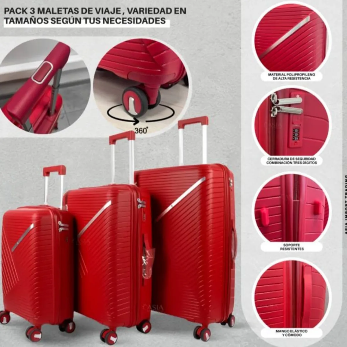 GENERICO - Set 3 Maletas Rigidas Ruedas 360 Rojo Ultra Resistente Elegantes