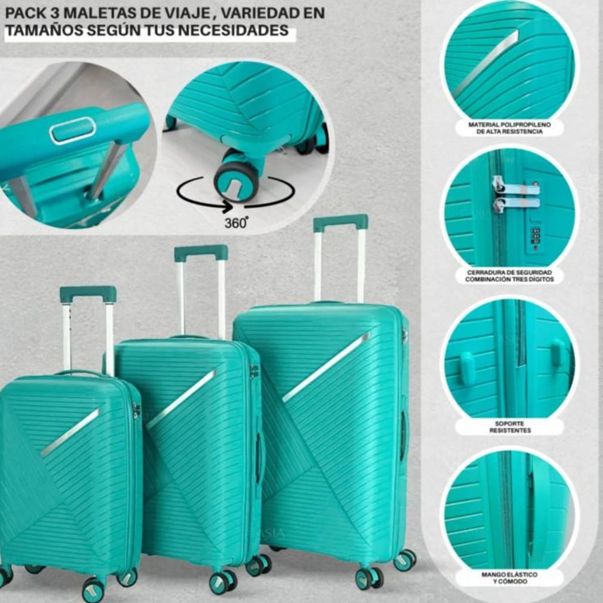 GENERICO - Set 3 Maletas Rigidas Ruedas 360 Turquesa Ultra Resistente Elegantes