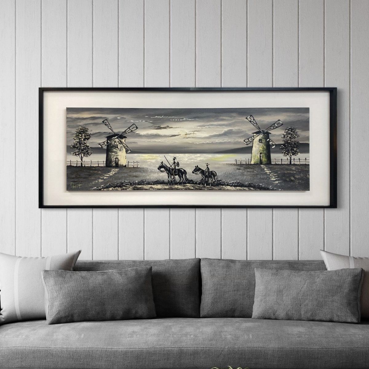 DEKAM DISEÑO - Cuadro Quijote Gris Pintado Enmarcado  medida 127x57 cms