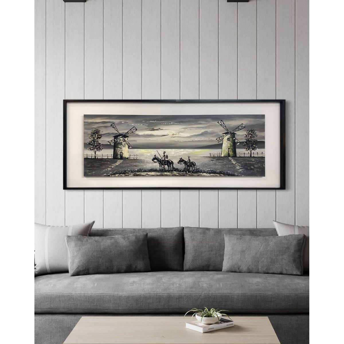 DEKAM DISEÑO - Cuadro Quijote Gris Pintado Enmarcado  medida 127x57 cms