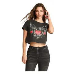 ACUARELA - Polera Crop Manga Corta Acid Wash Gris