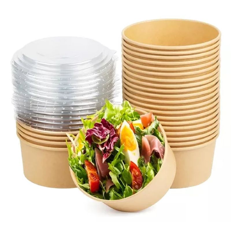 GENERICO - 100 Bowls Plastico Bowl Kraft Bowl Con Tapa Envases 1000 Cc